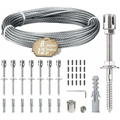 Support de plantes grimpantes. Kit de suspension en corde inox 12 m. Comprend câble 3 mm et 8 tendeurs. Convient jardins, murs béton, panneaux clôture, bois massif. (8 tendeurs de 12 m)