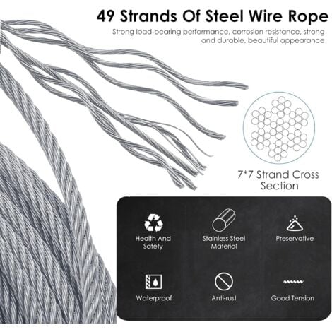 Support de plantes grimpantes. Kit de suspension en corde inox 12 m. Comprend câble 3 mm et 8 tendeurs. Convient jardins, murs béton, panneaux clôture, bois massif. (8 tendeurs de 12 m)