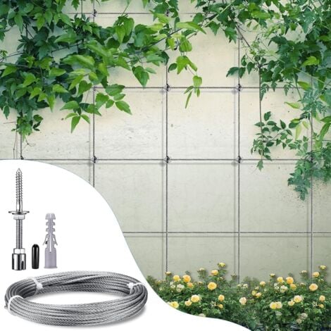 Support de plantes grimpantes. Kit de suspension en corde inox 12 m. Comprend câble 3 mm et 8 tendeurs. Convient jardins, murs béton, panneaux clôture, bois massif. (8 tendeurs de 12 m)