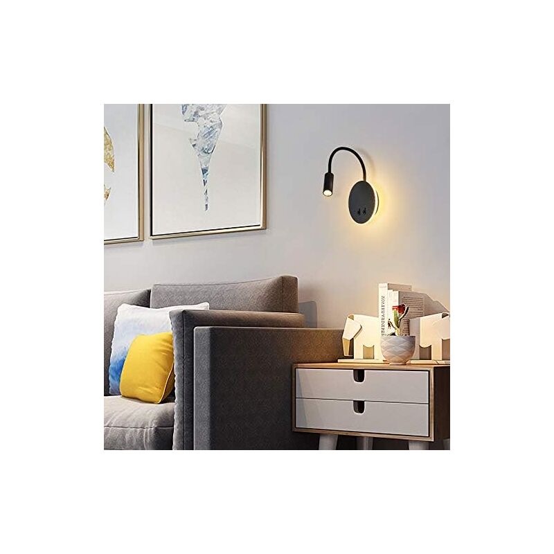 Lampe De Chevet LED Budbuddy Noir 3W+8W - Applique Murale Flexible Cygne 3000K Blanc Chaud