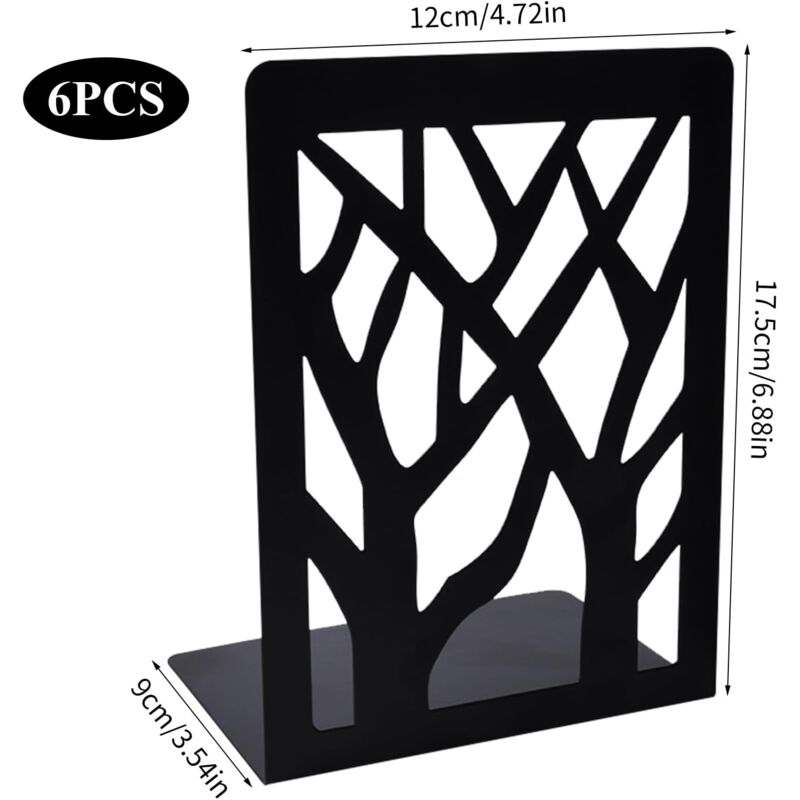 Serre-livres Métal Motif Arbre - Lot De 3 Paires (6 Pièces) - Noir - Dimensions 17.5x12x8.5 Cm - Antidérapant - Pour Bureau, Bibliothèque, école