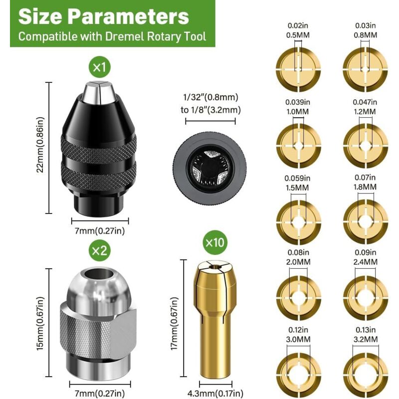 Mandrin Perceuse Dremel 2 Pièces - 1/32 à 1/8, Alliage Métal, Pour Modèles 4000, 3000, Etc. | Adaptateur Foret Outil Rotatif