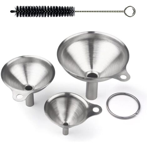3 Tailles Petit Entonnoir en Acier Inoxydable Mini Entonnoir de Cuisine avec Poignée Entonnoir Metal Ensemble d'entonnoirs avec Brosse pour le Transfert de Liquide Poudre Huile (5,7/7/9 cm) (1/5)