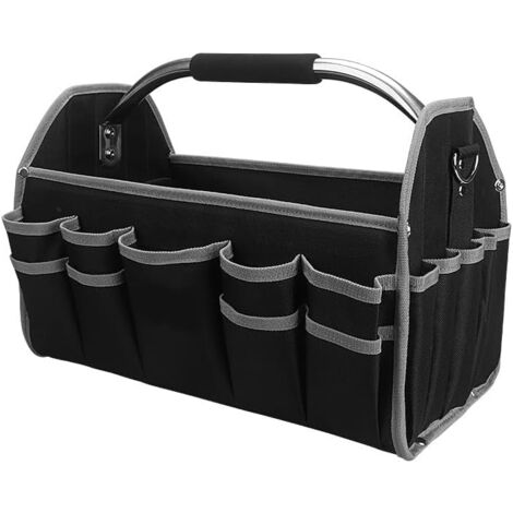 Sac fourre-tout à outils ouvert pour électricien de 16", porte-outils en matériau renforcé 600D avec 16 poches externes, poignée en acier et bandoulière (gris) (1/5)