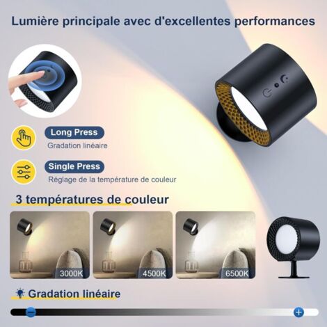 Lampe murale à LED double face avec télécommande, appliques à batterie, contrôle tactile, 3 températures, USB, rechargeables, spots muraux, rotation, à 360°, pour salon (1 pièce  Noir)