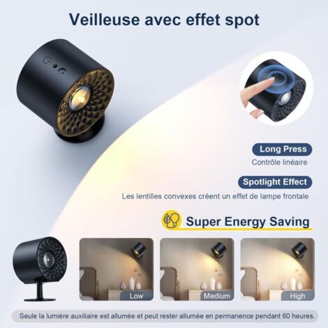 Lampe murale à LED double face avec télécommande, appliques à batterie, contrôle tactile, 3 températures, USB, rechargeables, spots muraux, rotation, à 360°, pour salon (1 pièce  Noir)