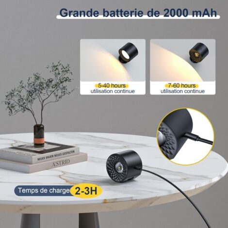 Lampe murale à LED double face avec télécommande, appliques à batterie, contrôle tactile, 3 températures, USB, rechargeables, spots muraux, rotation, à 360°, pour salon (1 pièce  Noir)