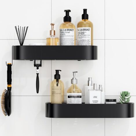 LAOA Etagere Douche sans Percage, 2 Pièces Etagere Salle de Bain Antirouille avec 4 Crochets, 38,5-40 cm Grande Capacité Rangement Salle de Bain Accessoire Organisateur (Noir) (1/5)