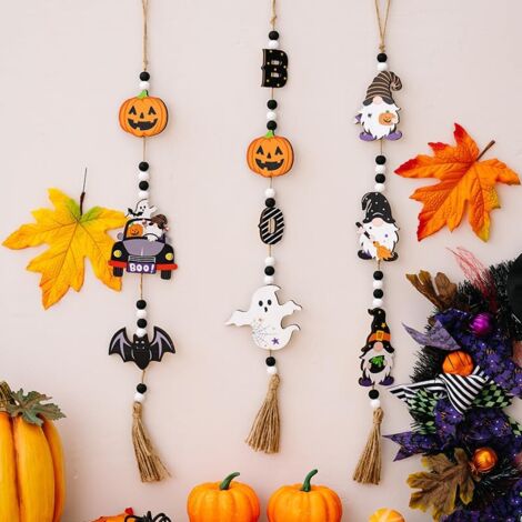 LAOA Lot de 3 panneaux de perles en bois d'Halloween - Guirlande d'automne en perles de bois - Pompon, chauve-souris, fantôme - Décoration murale à suspendre pour la maison et la ferme (1/5)
