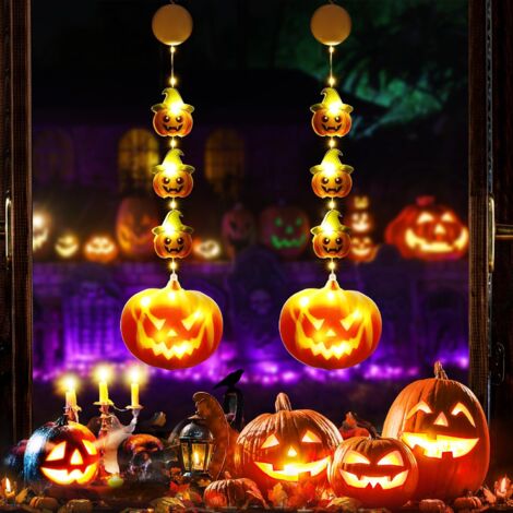LAOA Lumières d'Halloween de Fenêtre, Lot de 2 LED Halloween Intérieur Lumière de Citrouille à Piles avec Ventouse Guirlande Lumineuse Automne Décoration pour Jardin Balcon Noël Maison Arbre Fête (1/5)