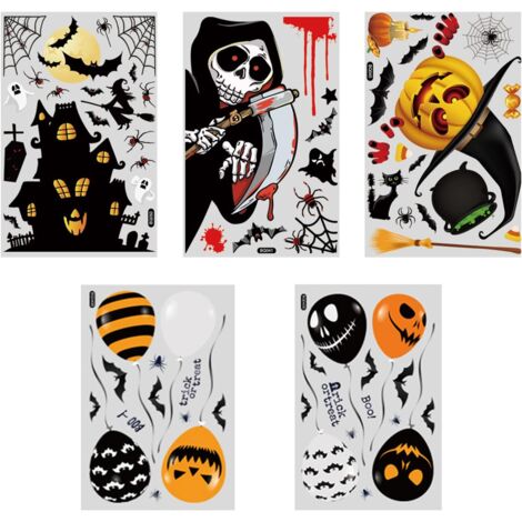 Lot de 5 autocollants pour fenêtre d'Halloween, château faucheur, citrouille, chauve-souris, ballons, décorations de fête d'Halloween, autocollants pour vitrines de fenêtre (1/5)