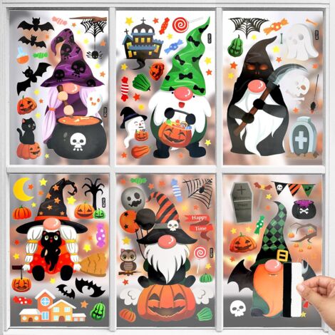 6 Feuilles Stickers Halloween Fenetre, Double Face Réutilisables Autocollant Halloween Fenetre, Citrouilles, Chauves-Souris, Fantômes Decoration Halloween Fenetre (1/5)