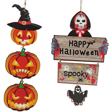 LAOA Halloween Decoration, Decoration Halloween Exterieur, Decoration Halloween Interieur, Panneau Suspendu en Bois dHalloween, squelettes, citrouilles, pour Halloween, Maison hantée (2 Pièces) (1/5)