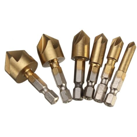 LAOA Lot de 6 forets coniques à 5 cannelures 6,35 mm Tige hexagonale 90 degrés Plaqué titane Forets à chanfreiner Taille : 6 mm, 8 mm, 9 mm, 12 mm, 16 mm, 19 mm (1/5)