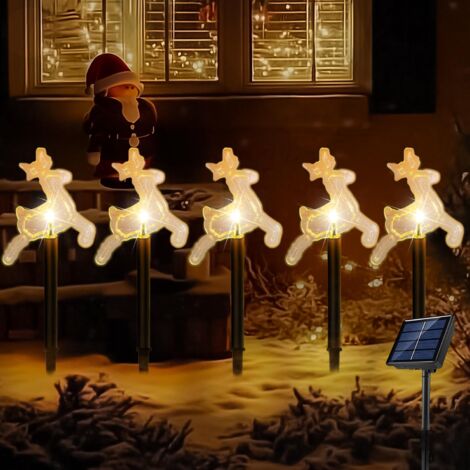 Lot de 5 lampes solaires de Noël pour allée d'extérieur, imperméables, éclairage LED pour décoration de Noël, éclairage de paysage, allée, jardin, cour, pelouse, fête de mariage, Noël, patio (cerf bla (1/5)