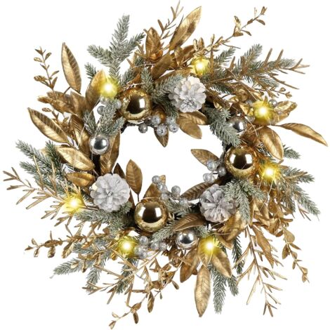 Couronne de Noël LAOA 20 pouces Décorations de porte de Noël Couronne avec lumières chaudes, boules de Noël, pommes de pin, brindilles dorées, aiguilles de pin et baies argentées pour porte fenêtre dé (1/5)