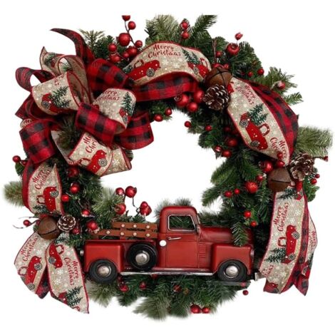 LAOA Couronne de Noël pour porte d'entrée, couronne de Noël camion rouge de 40 cm avec baies rouges, pommes de pin et nœuds en nœud, couronne vintage à carreaux, décorations de Noël à suspendre, (1/5)