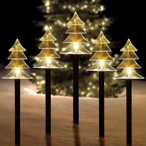 Lot de 5 lampes solaires de Noël pour allée, imperméables, décorations de Noël sur piquet, lumières LED pour cour, pelouse, patio, allée (5 pièces, blanc chaud, arbre) (1/5)