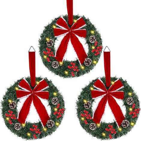 LAOA Lot de 3 couronnes de Noël, couronne de Noël artificielle illuminée avec lumières LED et grands nœuds rouges, 8 modes et minuterie, fonctionne sur piles pour porte d'entrée, portail, mur, décorat (1/5)