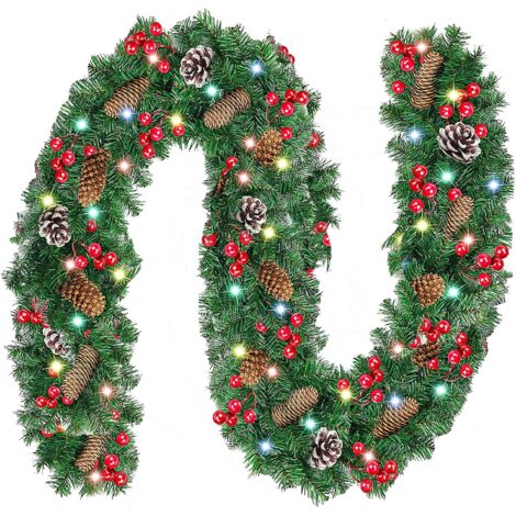 Guirlande de Noël pré-éclairée avec lumières, Fleurs et Boules, Guirlande de Noël pour décoration d'intérieur, extérieur, intérieur, cheminée, escalier, Rouge (1/5)