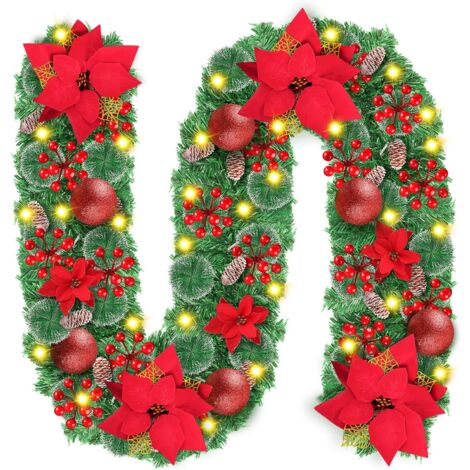LAOA Guirlande de Noël Lumineuse avec 50 LED, Boules de Noël Rouges et Pommes de pin - pour l’intérieur et l’extérieur - pour décoration de Noël, d’escaliers, de cheminées, de Porche - 2,7 m (1/5)