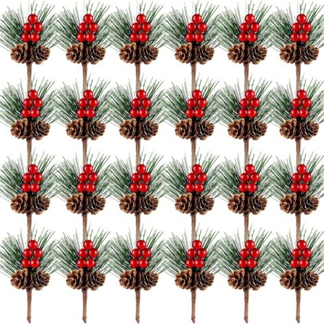 Lot de 24 pics de pin artificiels de Noël, pics de baies rouges, aiguilles de pin, branches avec pommes de pin rouges, branches de baies, fausses baies pour compositions florales, couronnes, décoratio (1/5)