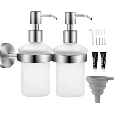 LAOA 2Pcs Distributeur de Savon Mural Mat Verre 200ML Acier Inoxydable Distributeur Savon sans Percage Salle de Bain Distributeur Shampoing et Gel Douche Distributeur Pompe à Presser avec Entonnoir (1/5)