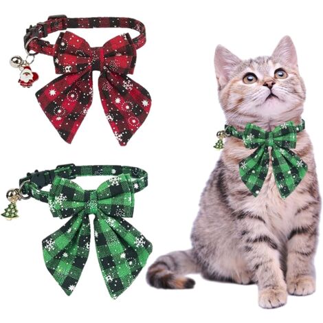 Colliers de Noël pour Chat, 2 Pcs Collier Chat Réglable avec Clochette et Noeud Papillon, Collier pour Animaux de Compagnie de Noël pour Chaton et Chat, Colliers Mignons de Chaton (Rayé) (1/5)
