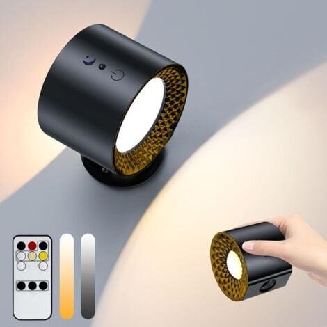 Lampe murale à LED double face avec télécommande, appliques à batterie, contrôle tactile, 3 températures, USB, rechargeables, spots muraux, rotation, à 360°, pour salon (1 pièce  Noir)