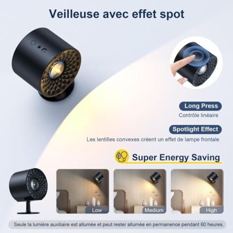Lampe murale à LED double face avec télécommande, appliques à batterie, contrôle tactile, 3 températures, USB, rechargeables, spots muraux, rotation, à 360°, pour salon (1 pièce  Noir)