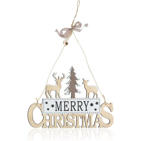 LAOA Plaque en Bois à Suspendre Plaque de Porte Merry Christmas Ornement d'arbre de Noël Décorations de Noël en Bois avec Éléments de Wapiti et d'arbre de Noël Suspension pour Porte Mur Fenêtre (1/5)
