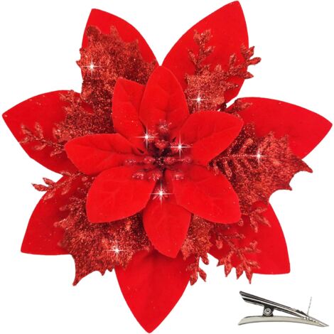 LAOA 20 Pièces Fleur de Noël pour Sapin avec Clip, Fleurs de Noel Artificielles Glitter, Fleur Poinsettia Noel Sapin de Scintillantes pour Guirlande, Couronne, Sapin Noël Décoration (Rouge) (1/5)