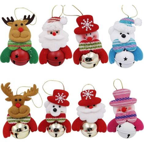 LAOA Lot de 8 décorations en peluche pour sapin de Noël, décorations de Noël à suspendre, bonhomme de neige, élan, Père Noël, ours polaire, avec cloches en métal (1/5)