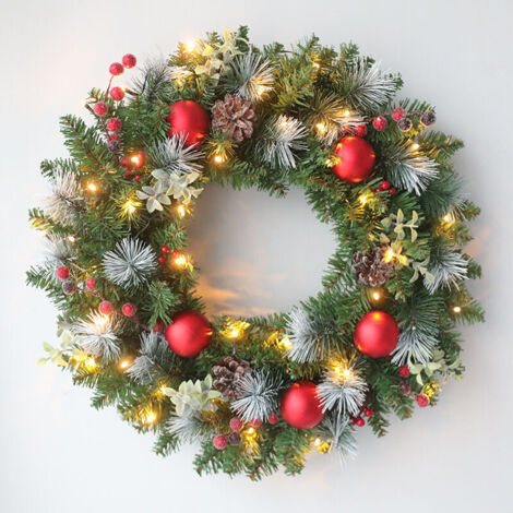 40cm Couronne de Noël avec LED pour Porte d'entrée avec lumières, couronnes artificielles pour fenêtre, cheminée, Décoration Murale, récolte, intérieur ou extérieur (Rouge) (1/5)