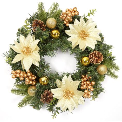 Couronne de Noël, couronne de porte avec boules de Noël, fleurs de Noël, baies et pommes de pin pour porte d'entrée, cheminée et décoration murale - Or 40 cm (1/5)