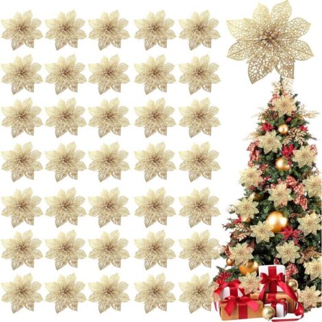 Lot de 36 poinsettias à paillettes pour décoration de Noël, 10,2 cm, fleurs artificielles en soie pour couronnes de Noël, décoration de vacances (doré) (1/5)
