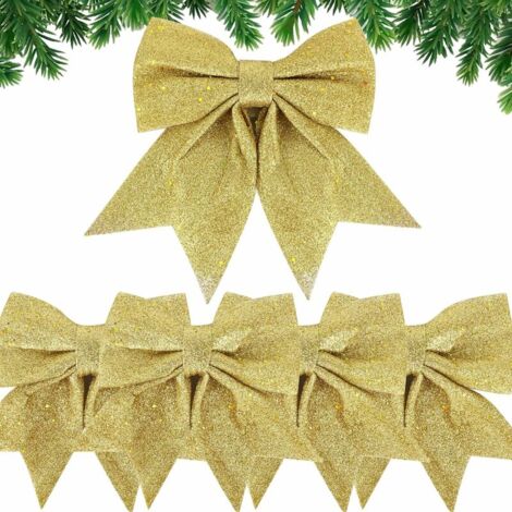 5PCS Noeud de Ruban de Noël 24cm Grande Taille Arcs de Noël Ruban Nœuds Papillons Ornements Decoration de Noël pour Arbres de Noël Emballages Cadeaux Sapin de Noël Guirlande Voiture Maria(Doré) (1/5)