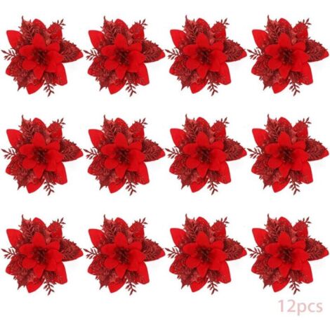12pcs Fleur de Simulation de Noël,Fleur de Noël Poinsettia, Fleur de Noel,Decoration Noel Sapin,Fleurs de Noël Artificielles (Rouge) (1/5)