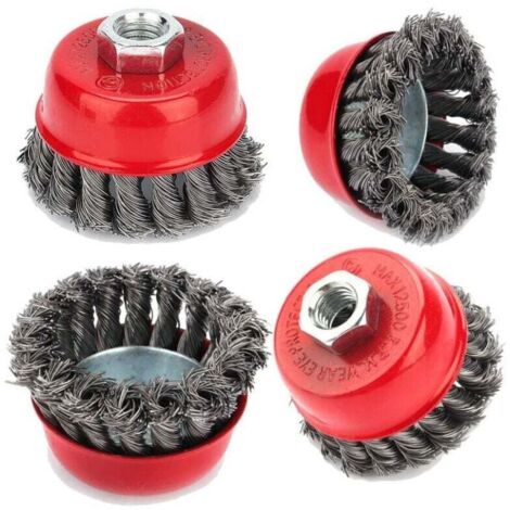 Brosse de nettoyage métallique, 4pcs brosse à treillis métallique M14 torsadé 75 mm pour meuleuse d'angle brosse coupe, dérouillage corrosion détournant la peinture (1/5)