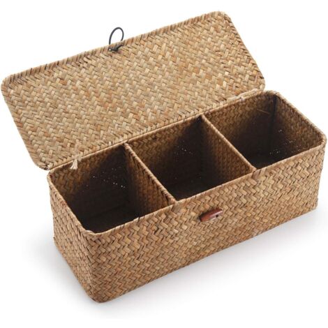 Dolaso – Panier de rangement en jonc de mer 42x14x14cm – Couvercle rectangulaire – 3 compartiments pour jouets et papier toilette – Naturel
