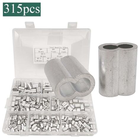 315 Pcs Manchons en Aluminium, Ferrules en Aluminium de Câble Métallique, Clip à Sertir en Aluminium avec Double Embouts pour Câbles Métalliques, Aircraft Câble, Argenté (1/4)