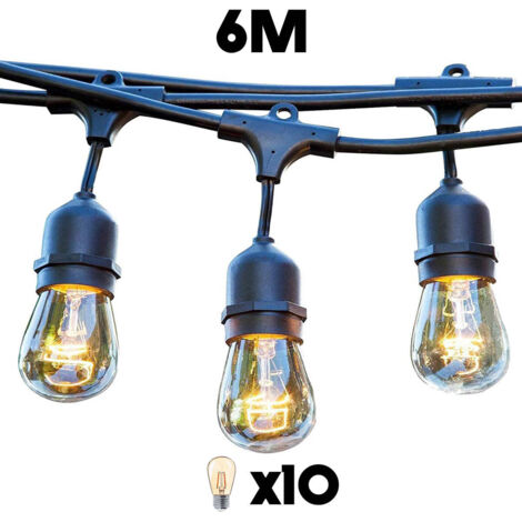 Guirlande lumineuse d'extérieur 6m – 10 ampoules LED blanc chaud E27 – Protection IP44 – Raccordable pour événements et décoration – Lumi Jardin (1/10)