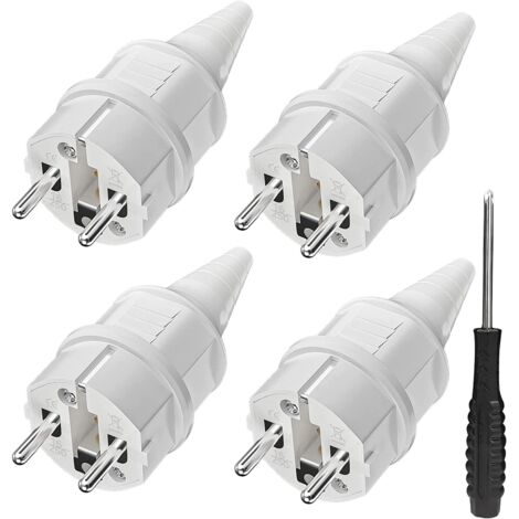 Fiche Schuko avec protection contre le pliage [4 pièces], 4 x fiches de contact de terre en caoutchouc (250 V/16 A) + 1 x tournevis, fiche de prise extérieure, fiche secteur IP44 étanche pour l'extéri (1/5)
