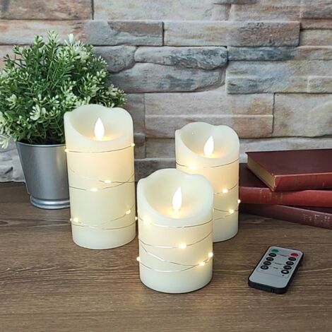 Arum Lighting – Lot de 3 bougies LED en cire véritable – Flamme vacillante – Télécommande – Hauteur 10-12,5-15 cm – Lumière jaune orangé
