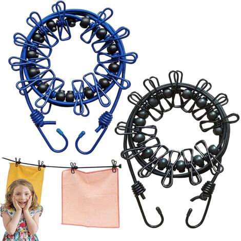 2 Pack Portable Clothes Line Elastic Adjustable Retractable Windproof Clothes Line with 12 Metal Clips for Camping Travel Drying Outdoor Laundry (Black+Blue) (1/5)