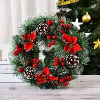 Couronne De Noel Artificielle En Branches De Pin Verte Decoree De Pommes De Pin Et De Grappes De Baies Couronne De Porte Pour Porte D'Entree Decoration De Fete Collection De Noel 32Cm
