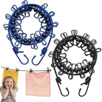 2 Pack Portable Clothes Line Elastic Adjustable Retractable Windproof Clothes Line with 12 Metal Clips for Camping Travel Drying Outdoor Laundry (Black+Blue)