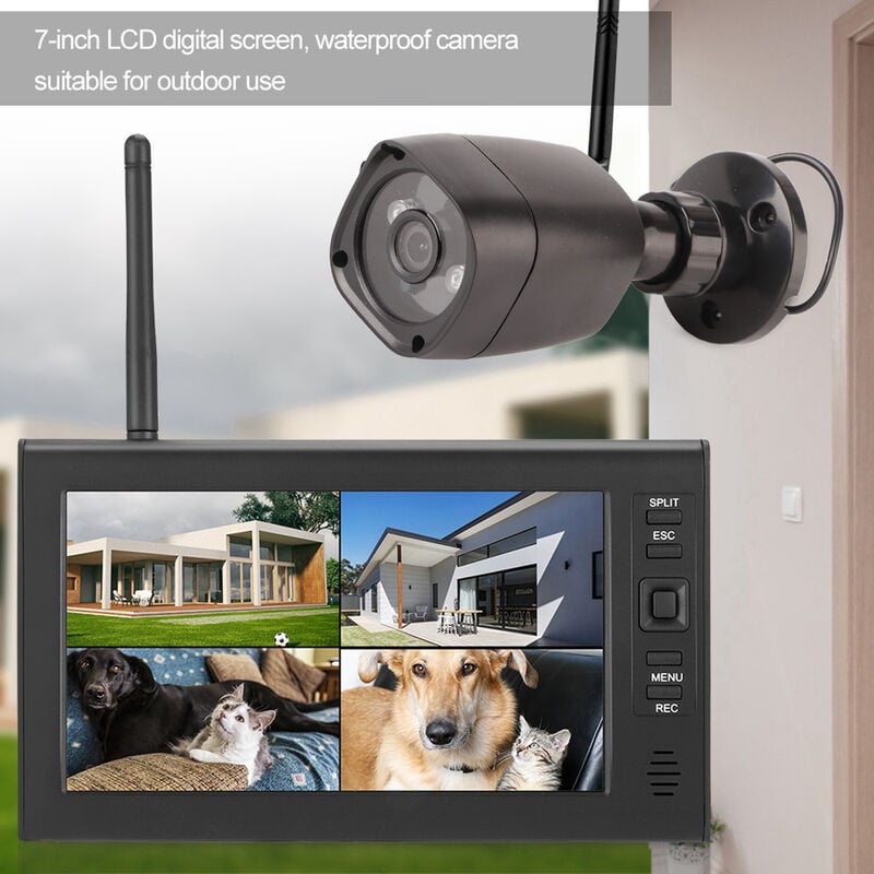 SJLERST Ensemble de caméras de surveillance de sécurité avec écran 7'',  caméra imperméable à l'eau IR sans fil, système de surveillance sans fil  WIFI 4CH