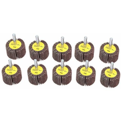 SJLERST 10pcs Roues à Feuillets Abrasif Meule de Polissage Disque de Meule à Lamelles en Papier Abrasif avec une Tige de 6mm pour Brosse Poncage Perceuse Accessoires Polissage Bois