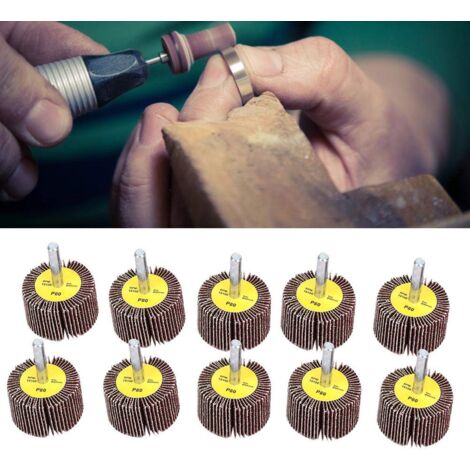 SJLERST 10pcs Roues à Feuillets Abrasif Meule de Polissage Disque de Meule à Lamelles en Papier Abrasif avec une Tige de 6mm pour Brosse Poncage Perceuse Accessoires Polissage Bois